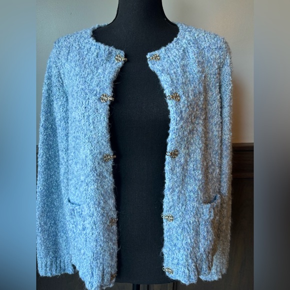 Handmade Blue Textured Knit Cottagecore Grandmacore Sweater 20”Ptp - Picture 7 of 8